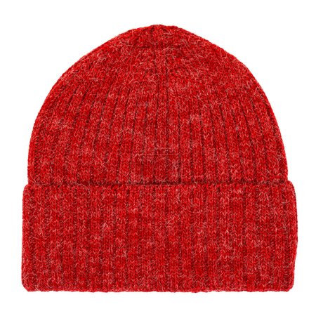 Photo for Heather red knitted winter bobble hat of traditional design flat lay isolated on white background - Royalty Free Image