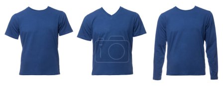 Photo for Blue basic t-shirts of different types on a male mannequin isolated on a white background - Royalty Free Image