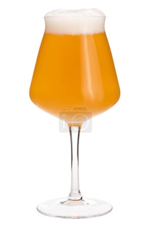 Foto de Tulipán en forma de copa de Tiku tallo diseñado para una cerveza artesanal llena de licuado de cerveza agria brumoso aislado sobre fondo blanco - Imagen libre de derechos