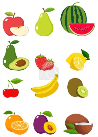 Téléchargez les photos : Fruit collection set illustration dessin animé, design plat. Le fichier ZIP contient les formats EPS, JPEG et PNG. - en image libre de droit