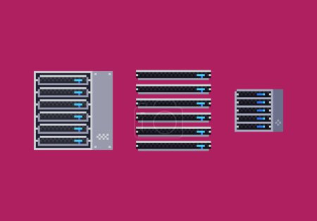 Photo for Pixel art vector illustration of grey server rack cabinet, server blade icon set. Cloud computing technology object on dark background isolated - Royalty Free Image