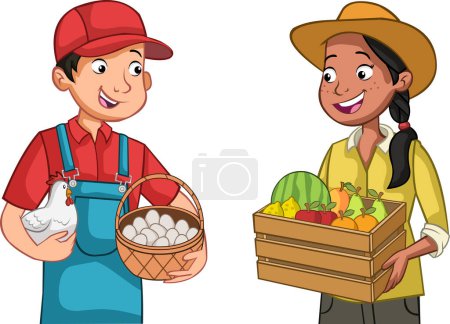 Ilustración de Cartoon farmers with chicken and fruits. Farm workers. - Imagen libre de derechos