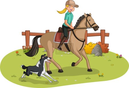 Ilustración de Cartoon girl riding horse. Farm background. - Imagen libre de derechos