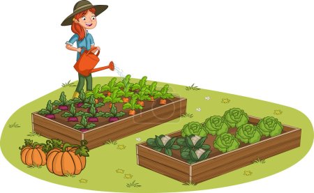Téléchargez les illustrations : Cartoon farmers watering a vegetable garden. Farm workers. - en licence libre de droit