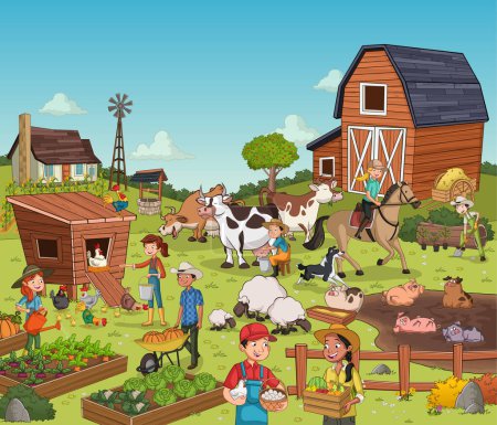 Illustration for Cartoon farm with animals and farmers. Farm background. - Royalty Free Image