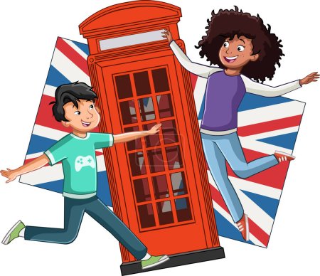 Ilustración de Cartoon teenagers jumping in front of British flag and London telephone booth. English students. - Imagen libre de derechos