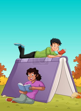 Photo for Cartoon teenagers reading books. Students reading over big book. - Royalty Free Image