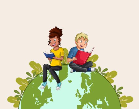 Illustration for Cartoon teenagers reading over the earth planet. - Royalty Free Image