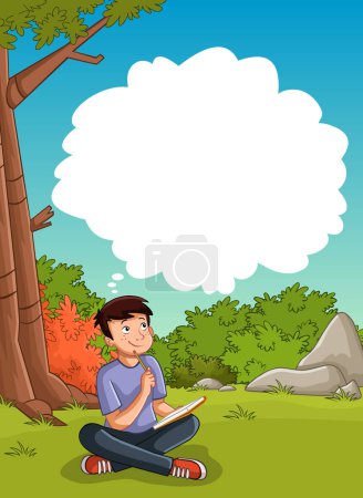 Cartoon teenager thinking in the park with grass and trees. Student with notebook in nature landscape. 