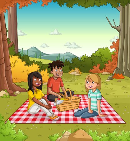 Illustration for Cartoon teenagers having a picnic in the park with grass and trees. Friends in nature landscape. - Royalty Free Image