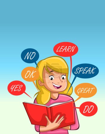 Photo for Teenager girl reading a book with english words. Cartoon english student. - Royalty Free Image