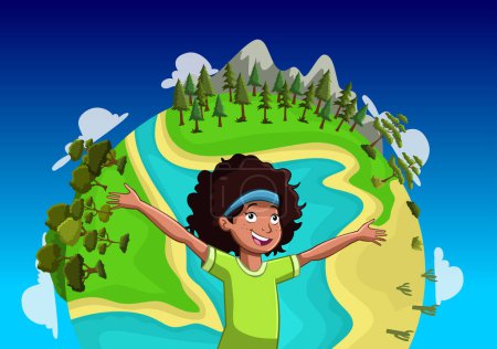 Illustration for Cartoon teenager girl in front of earth planet. Nature background. - Royalty Free Image
