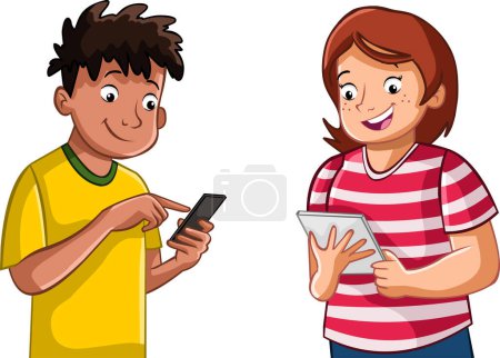 Photo for Cartoon teenagers using smart phone and tablet. - Royalty Free Image