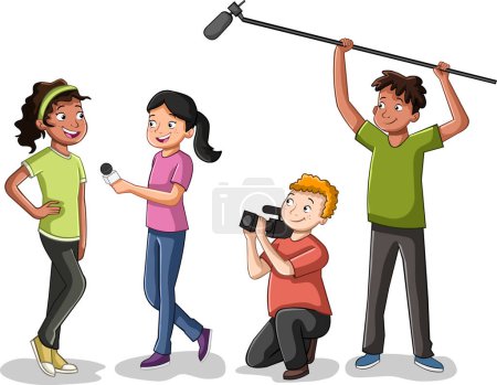 Photo for Cartoon teenagers interviewing a girl. Kids working as journalist, cameramen and audio recorder. - Royalty Free Image