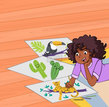 Photo for Cartoon black girl drawing animals on the floor. Teenager student illustrating cute animals. - Royalty Free Image