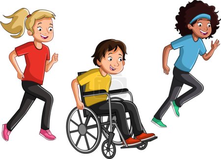 Photo for Cartoon teenagers running. Boy on Wheelchair running with friends. Girls jogging. - Royalty Free Image