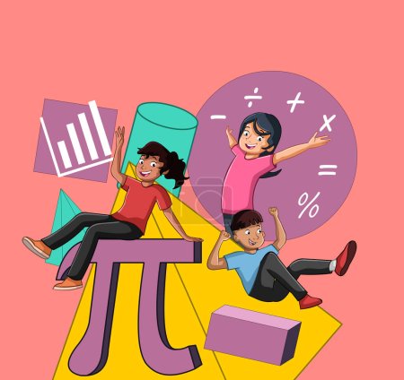 Photo for Cartoon teenagers with Mathematics figures. Kids having fun with Algebra symbols and geometry figures. - Royalty Free Image