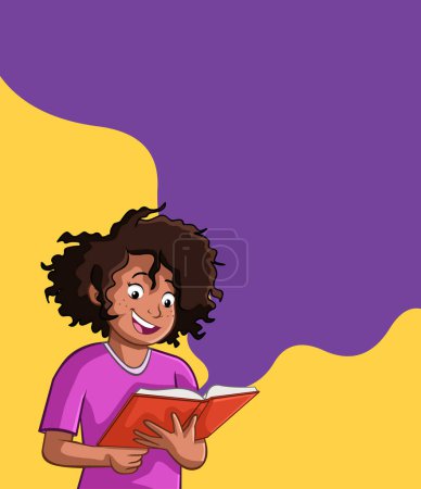 Téléchargez les illustrations : Cartoon black girl reading book. Teenager student reading book. - en licence libre de droit