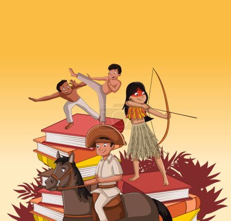 Illustration for History characters form Brazil. Indian woman, man playing capoeira and horse man. - Royalty Free Image