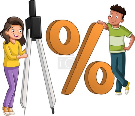 Illustration for Teenager girl with big compass and black boy with big percentage symbol. Cartoon teenagers with Mathematics figures. - Royalty Free Image