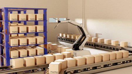 Téléchargez les photos : Arm Robot AI manufacture Box produit Objet pour la technologie de l'industrie de fabrication Produit d'exportation et d'importation de l'avenir Pour les produits, aliments, cosmétiques, vêtements entrepôt mécanique future technologie - en image libre de droit
