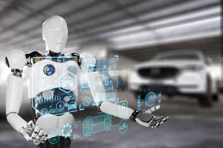 Robot Technology AI fix car repair on car Lift in garage dealership Fix the car with a touch touching UI screen interface point to the point that needs to corrected New technology in IOT car industry