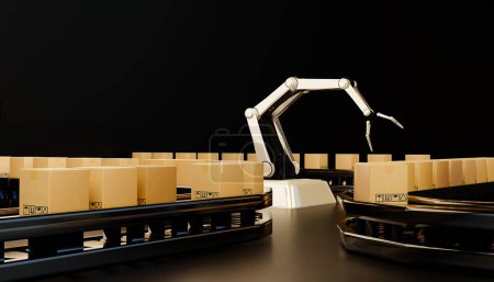 Téléchargez les photos : Bras robotisé Technologie industrielle Bras Robot Fabrication IA Fabrication de boîtes Technologie industrielle Fabrication de produits Exportations de produits futurs Produits cosmétiques alimentaires vêtements entrepôt avenir mécanique - en image libre de droit