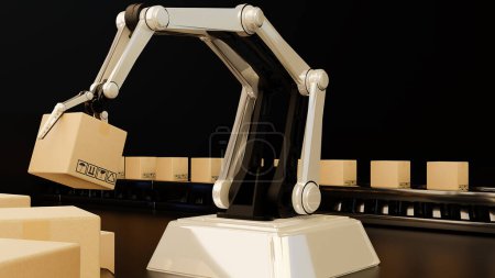 Téléchargez les photos : Bras robotisé Technologie industrielle Bras Robot Fabrication IA Fabrication de boîtes Technologie industrielle Fabrication de produits Exportations de produits futurs Produits cosmétiques alimentaires vêtements entrepôt avenir mécanique - en image libre de droit