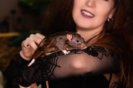 Téléchargez les photos : Close-up of a black rat in the hands of a witch in black clothes with disheveled hair. Halloween witch. - en image libre de droit