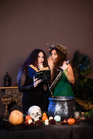 Foto de Two witches with a book and a dagger pose standing at a table with a cauldron, skull, pumpkins and herbs in a dark room. Halloween celebration. - Imagen libre de derechos