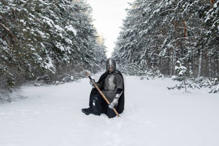Full-length portrait of a medieval fantasy warrior in a horned helmet, steel breastplate, chain mail with a two-handed ax in his hands, posing while sitting against the backdrop of a winter forest.