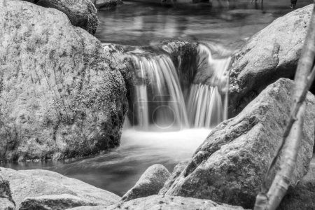 beautiful waterfall in nature, black and white photo