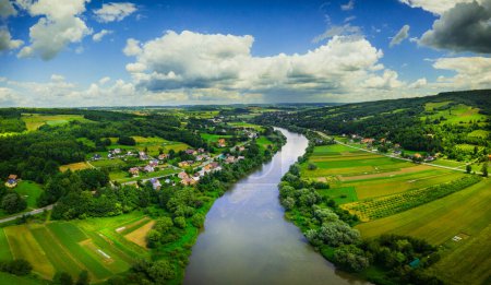 Photo for Panorama of San river valley near Dynow. Podkarpackie voivodeship. Summer nature landscape. Drone view. Poland, a beautiful Polish landscape. - Royalty Free Image