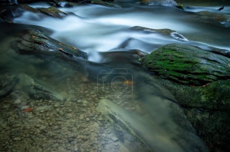 Foto de Primer plano del agua en el torrente Hylaty, agua dulce que fluye alrededor de las rocas, fotografía de larga exposición, Bieszczady - Imagen libre de derechos