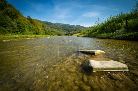 Foto de Río poco profundo con piedras, río San en Bieszczady, crestas bajas de montaña cubiertas de bosque, Studenne, montañas Biesczady, finales del verano - Imagen libre de derechos