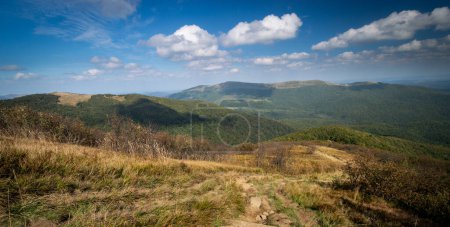 Beautiful mounatin landscape Bieszczady National Park. Polonina Carynska and the end; view from Wielka Rawka. Late summer; sunny day.