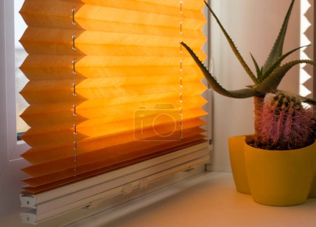 Photo for Pleated blinds with orange folded fabric on the window close up. On the windowsill stands home plant in yellow flower pot. Cordless bottom up top down pleated shade with white lower bar. - Royalty Free Image