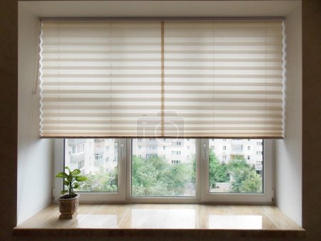 Téléchargez les photos : Pleated blinds XL, beige color, with 50mm fold closeup in the window opening in the interior. Home blinds - modern bottom up privacy shades half raised on apartment windows. - en image libre de droit