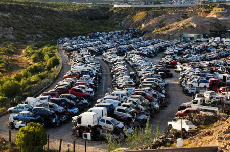 Scrap Yard With Pile Of Crushed Cars in Tenerife, Canary islands, Spain
