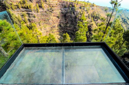 A glass window overlooking a mountain with trees in the background. The glass is clear and the view is of a forest