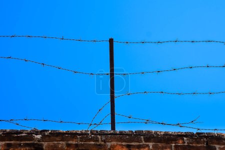 A fence with barbed wire on top of a brick wall. The sky is blue and clear
