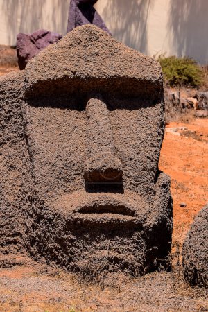 A large stone head with a face carved into it. The stone is surrounded by a sandy area
