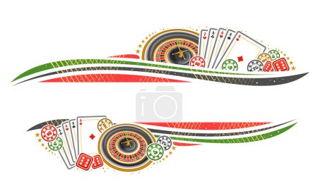 Ilustración de Borde vectorial para Gamble con espacio de copia para texto, invitación con ilustración de rueda de ruleta, estrellas decorativas y florece, monedas de casino de colores, póquer cubos de juego de cuatro de una clase y rojo - Imagen libre de derechos