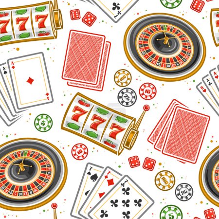 Patrón sin costura Vector Gamble, fondo cuadrado de repetición con ilustración de rueda de ruleta europea plana, monedas de casino coloridas, cubos de juego rojos sobre fondo blanco, papel de envoltura para casino