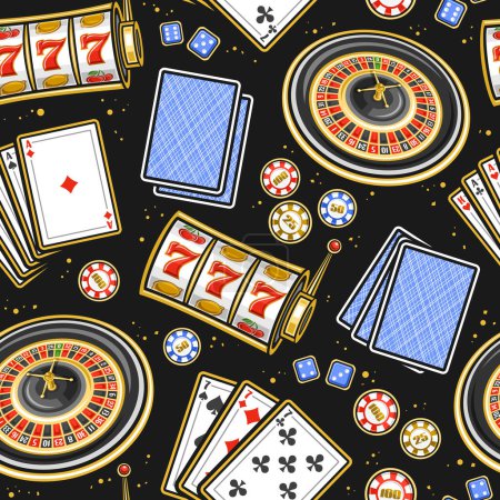 Vector Gamble seamless pattern, square repeat background with illustration of flat lay european roulette wheel, colorful casino coins, blue gambling cubes on dark background, wrapping paper for casino