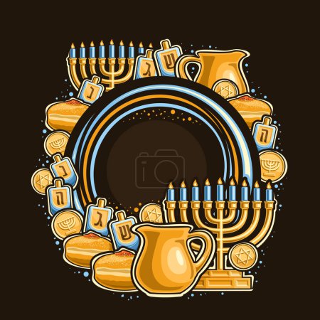 Illustration for Vector frame for Hanukkah with empty copyspace for congratulation text, decorative poster with illustration of golden menorah, blue burning candles, 4 dreidel and gelt with star of David for hanukkah - Royalty Free Image
