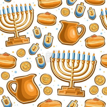 Vector Hanukkah seamless pattern, square repeating background with illustrations of gold candle holder, four dreidel, sweet sufganiyot and token gelt on white background, wrapping paper for hanukkah