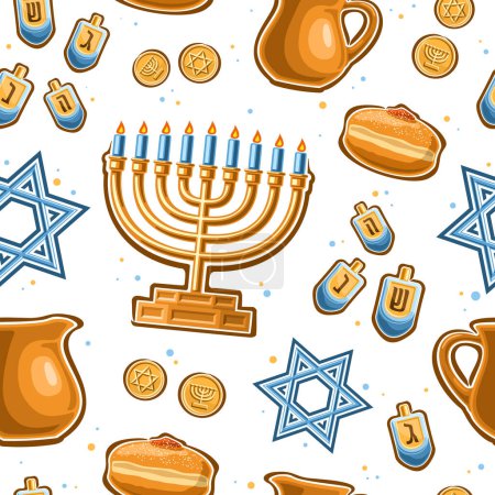 Illustration for Vector Hanukkah seamless pattern, square repeating background with illustrations of golden candle holder, 4 dreidels, sweet hanukkah sufganiyot on white background, wrapping paper for hanukkah holiday - Royalty Free Image