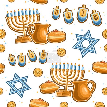 Illustration for Vector Hanukkah seamless pattern, repeating background with illustrations of golden candle holder, four dreidels and kosher hanukkah sufganiyah on white background, wrapping paper for hanukkah holiday - Royalty Free Image