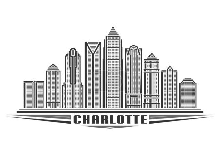 Illustration for Vector illustration of Charlotte, monochrome horizontal poster with linear design famous charlotte city scape, urban line art concept with decorative lettering for text charlotte on white background - Royalty Free Image